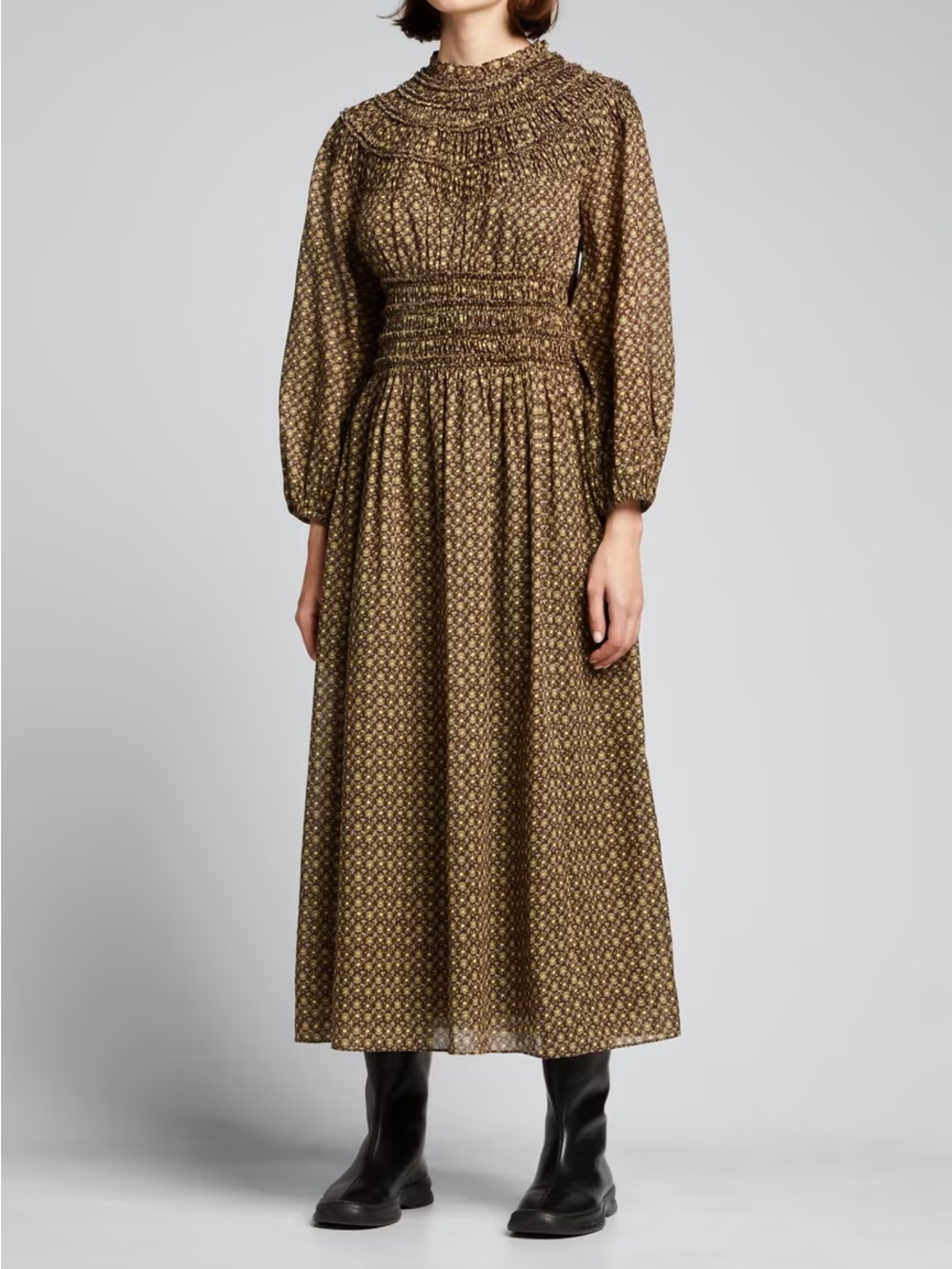 Rebecca Taylor Brown Floral Long Sleeve Midi Dress sz 8